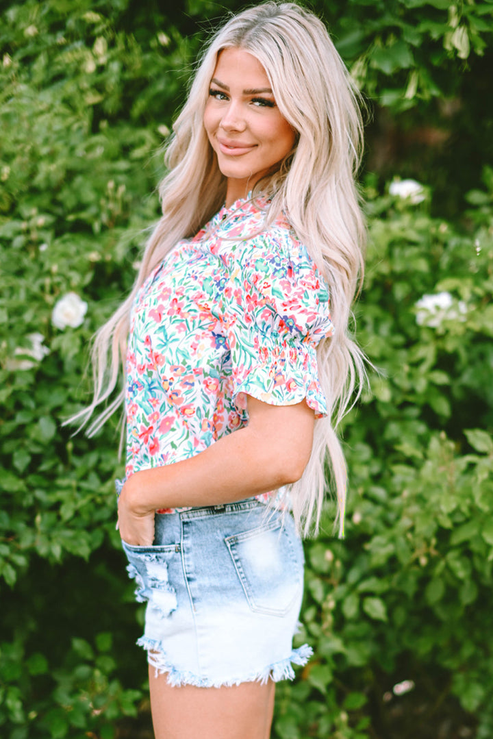 Azaria Floral Print Button Split Neck Puff Sleeve Blouse-2