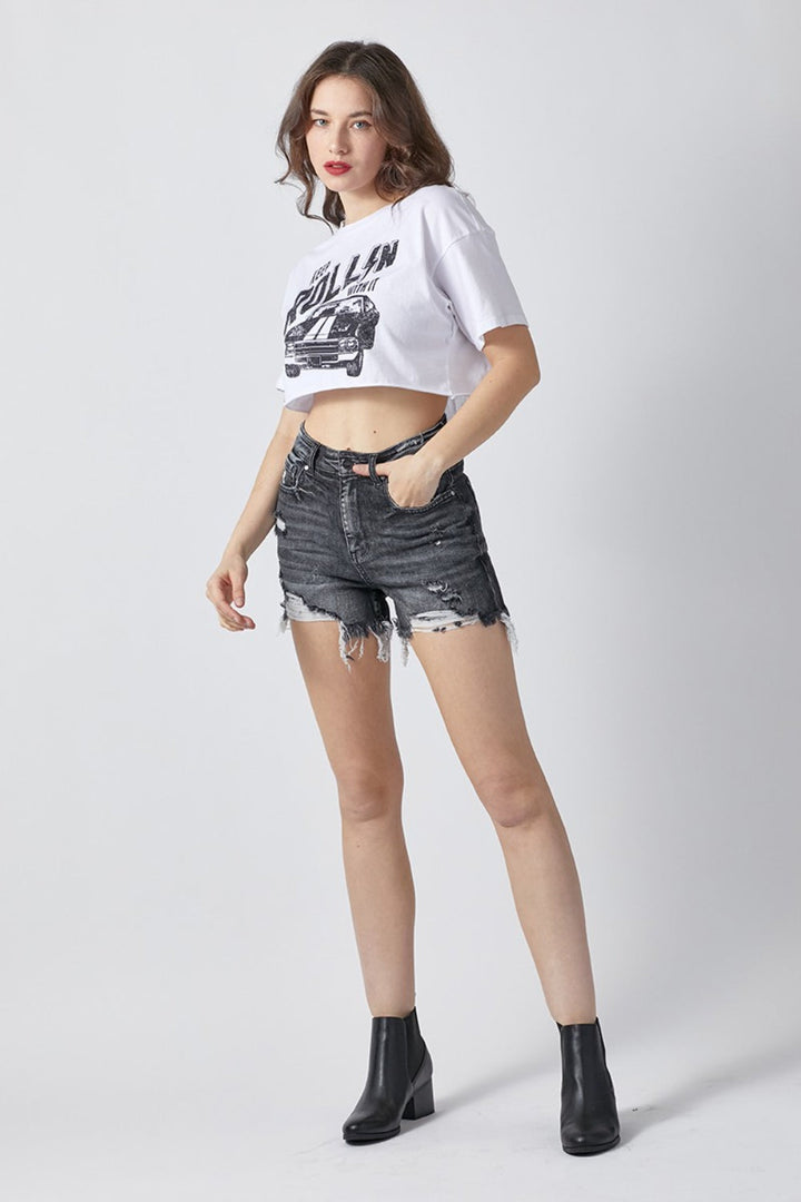 RISEN Full Size High Rise Distressed Denim Shorts-4