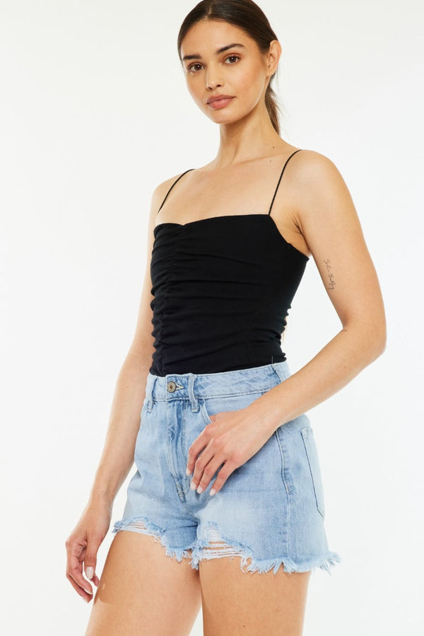 Kancan Raw Hem Distressed High Waist Denim Shorts-0