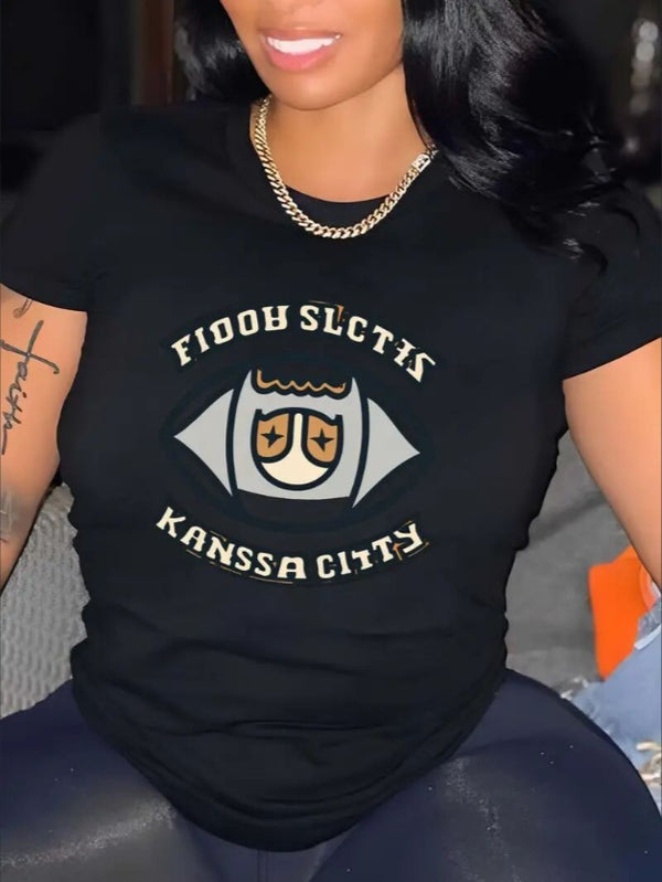 KC, Football Graphic Print T-Shirt - Crew Neck, A Comfortable Women's Short-sleeved Crew Neck T-shirt For Everyday Wear And Stylish Layering