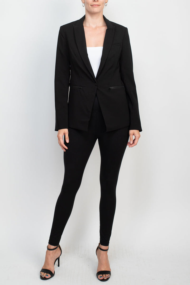 Truth lapel collar one button closure long sleeve woven blazer with zipper pocket-3