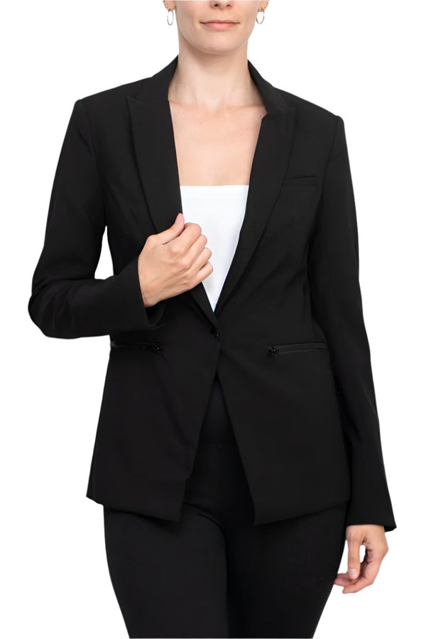 Truth lapel collar one button closure long sleeve woven blazer with zipper pocket-0