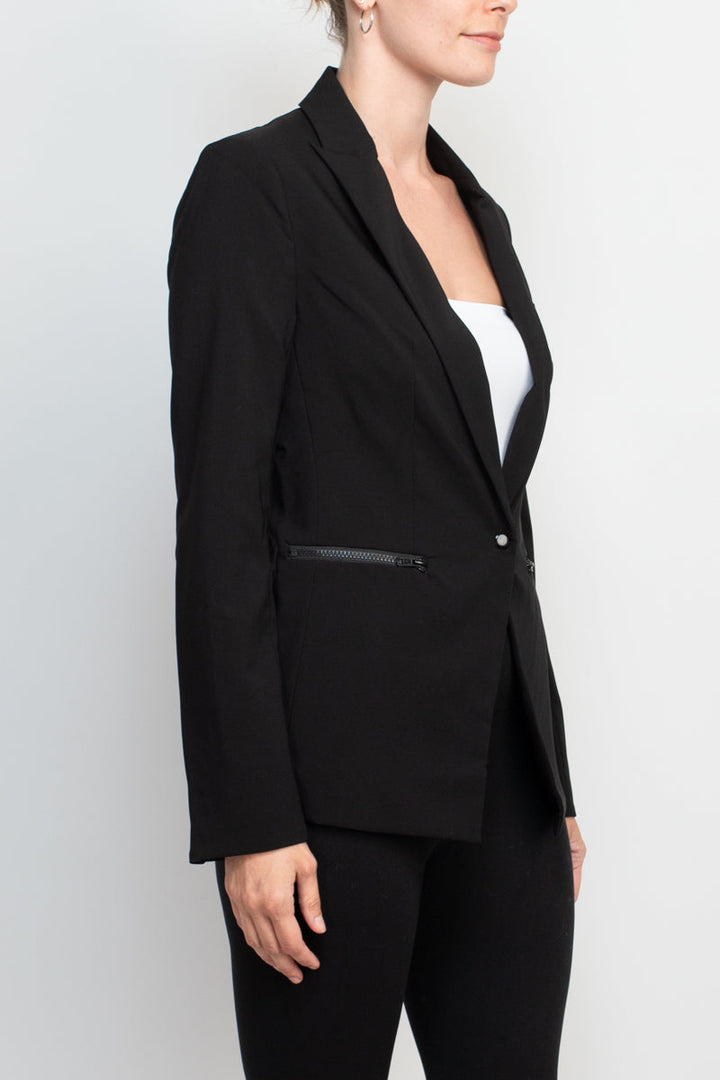 Truth lapel collar one button closure long sleeve woven blazer with zipper pocket-1