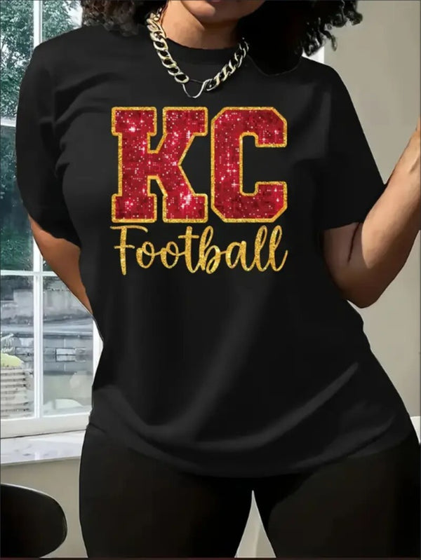 KC, Football Graphic Print T-Shirt - Crew Neck, A Comfortable Women's Short-sleeved Crew Neck T-shirt For Everyday Wear And Stylish Layering