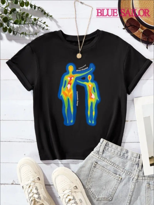 Thermal Sensitive Portrait Creative Fashion Cartoon Pattern Print Girls Casual Crew Neck Short-sleeved T-shirt For Summer