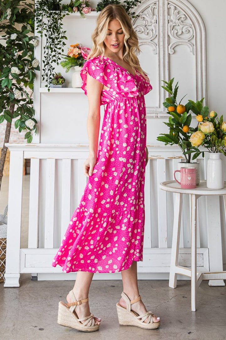 Reborn J Printed V-Neck Ruffle Trim Tiered Midi Dress-2