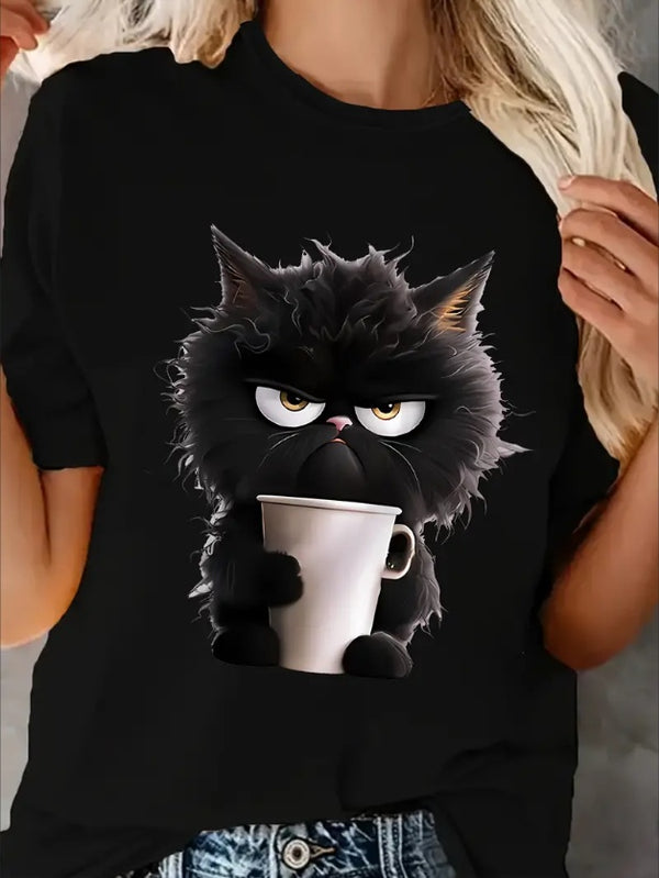 Stylish Cat Lover's Tee - Soft, Breathable, Comfort Fit Short Sleeve Top With Fashionable Black Cat Print - Perfect For Casual Daily Wear