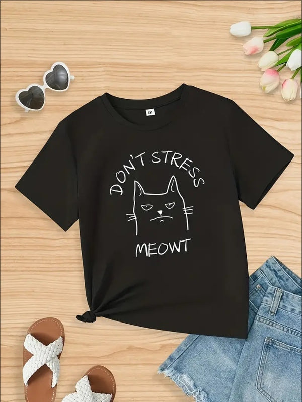DON'T STRESS MEOWT Print T-Shirt, Casual Short Sleeve Crew Neck T-Shirt For Spring & Summer, Women's Clothing