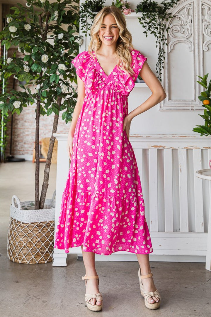 Reborn J Printed V-Neck Ruffle Trim Tiered Midi Dress-3