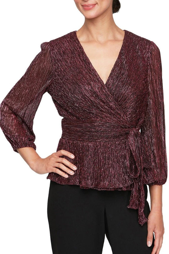 Alex Evenings Surplice Blouse with Tie Waist & Balloon Sleeves-0