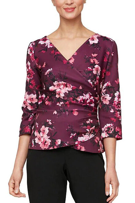 Alex Evenings V-Neck 3/4 Sleeve Faux Wrap Top-0