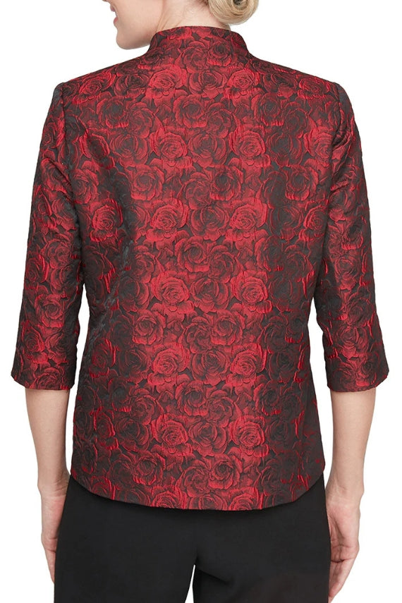 Alex Evenings 3/4 Sleeve Printed Jacquard Blouse With Asymmetric Hem & Decorative Closure-1
