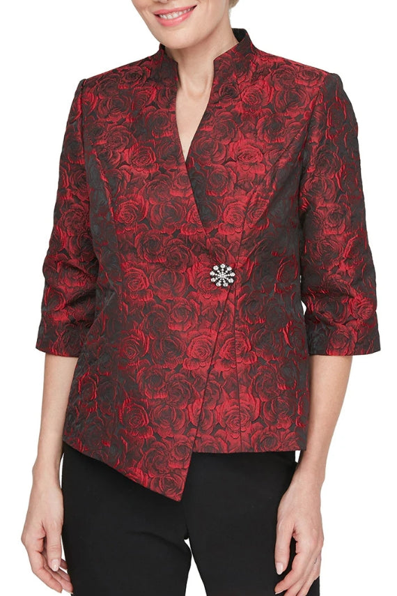 Alex Evenings 3/4 Sleeve Printed Jacquard Blouse With Asymmetric Hem & Decorative Closure-0