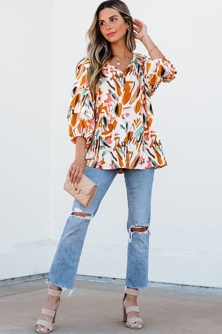 Aurelia Drawstring Frilled V Neck 3/4 Sleeve Blouse-4