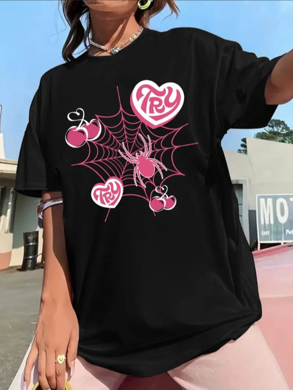 Heart Shape And Spider Web Print Girl's Summer Comfy Breathable T-shirt, Casual Round Neck Short Sleeved Top For Summer Sports Activities & Daily Wear