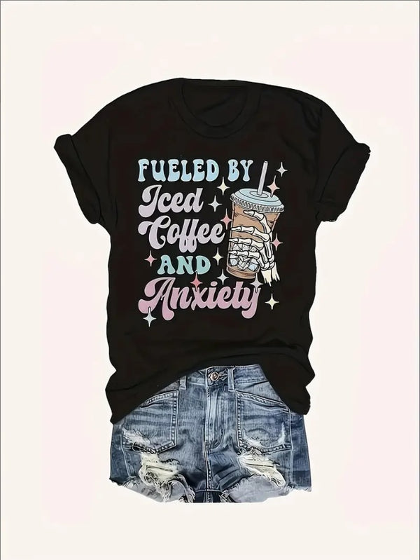 Casual Alphabets Print Crew Neck T-Shirt - Soft Mid-Elasticity Polyester Fabric, Regular Length, Short Sleeve, Positioning Printing, Perfect For Spring & Summer - Womens Casual Wear For Daily Life