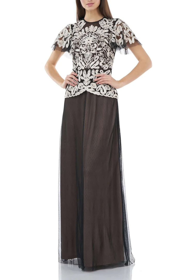 JS Collections Crew Neck Short Sleeve Popover Zipper Back Embroidered Mesh Gown-0