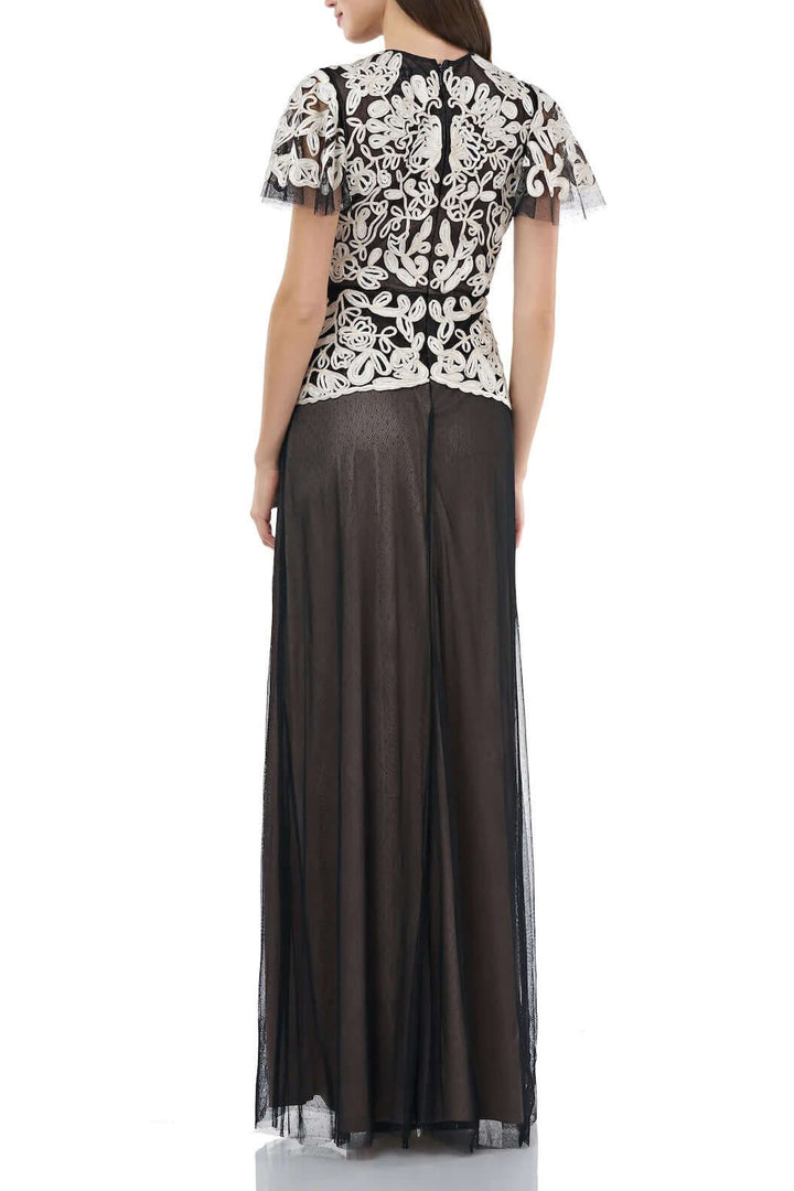 JS Collections Crew Neck Short Sleeve Popover Zipper Back Embroidered Mesh Gown-2