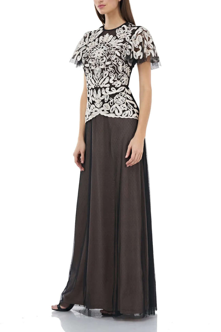 JS Collections Crew Neck Short Sleeve Popover Zipper Back Embroidered Mesh Gown-1