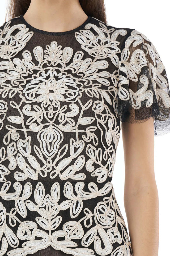JS Collections Crew Neck Short Sleeve Popover Zipper Back Embroidered Mesh Gown-3
