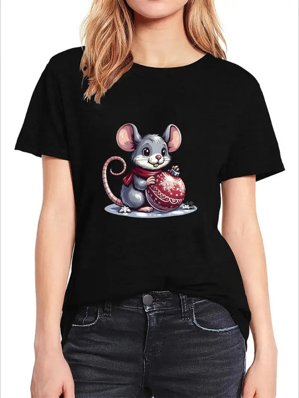 Women's Festive Christmas Mouse Print T-Shirt - Casual Crew Neck, Soft  Machine Washable