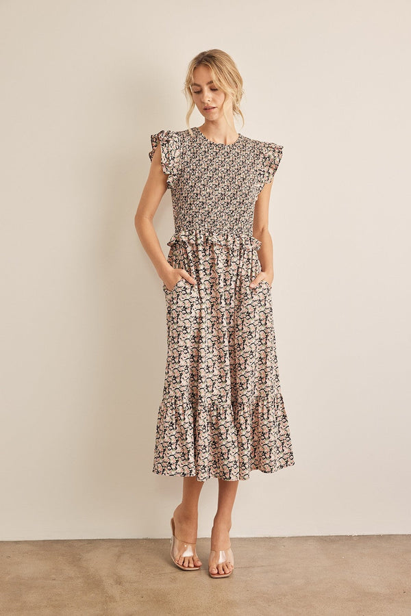 In February Floral Smocked Ruffled Midi Dress-0