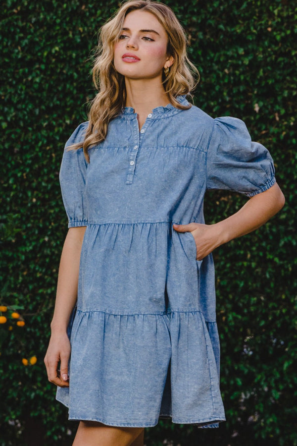 ODDI Washed Tiered Mini Denim Dress-0