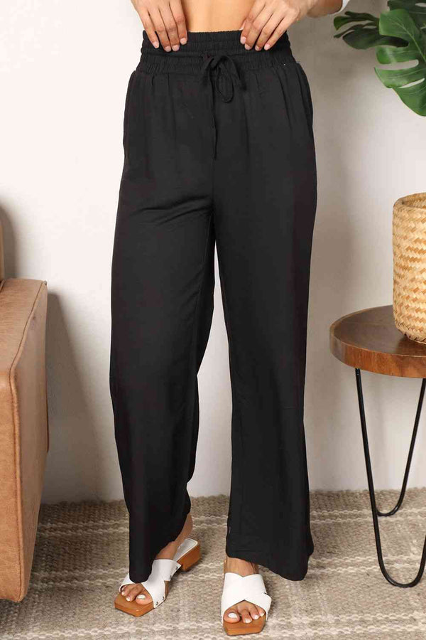 Double Take Drawstring Smocked Waist Wide Leg Pants-5