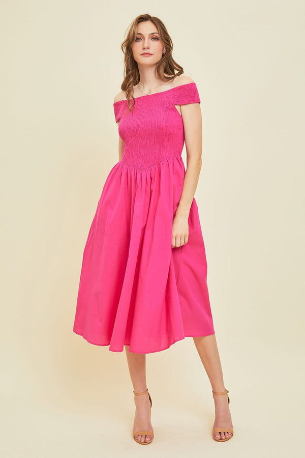 HEYSON Off-Shoulder Smocked Midi Dress-0