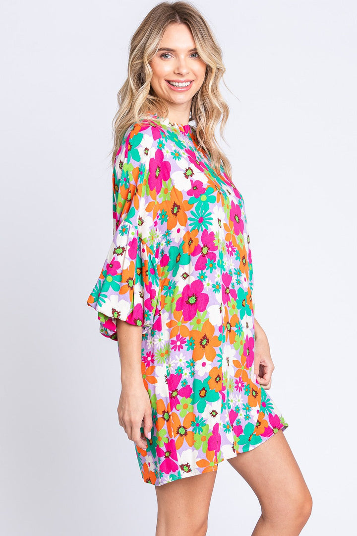 GeeGee Full Size Floral Round Neck Lantern Sleeve Mini Dress-2