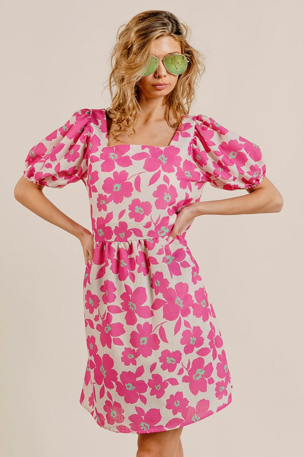 BiBi Printed Square Neck Puff Sleeve Mini Dress-0