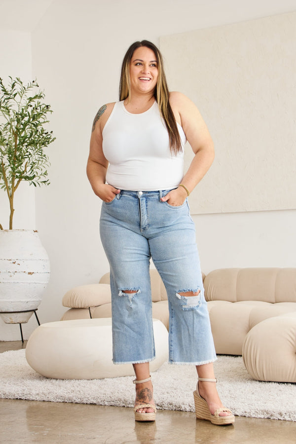 RFM Full Size Tummy Control High Waist Raw Hem Distressed Jeans-0