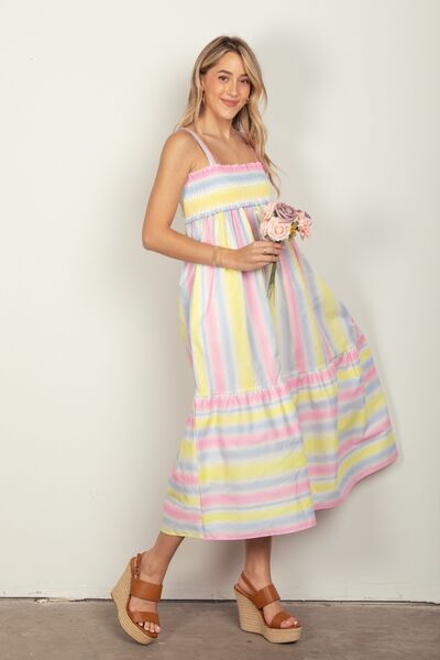 VERY J Striped Woven Smocked Midi Cami Dress-3