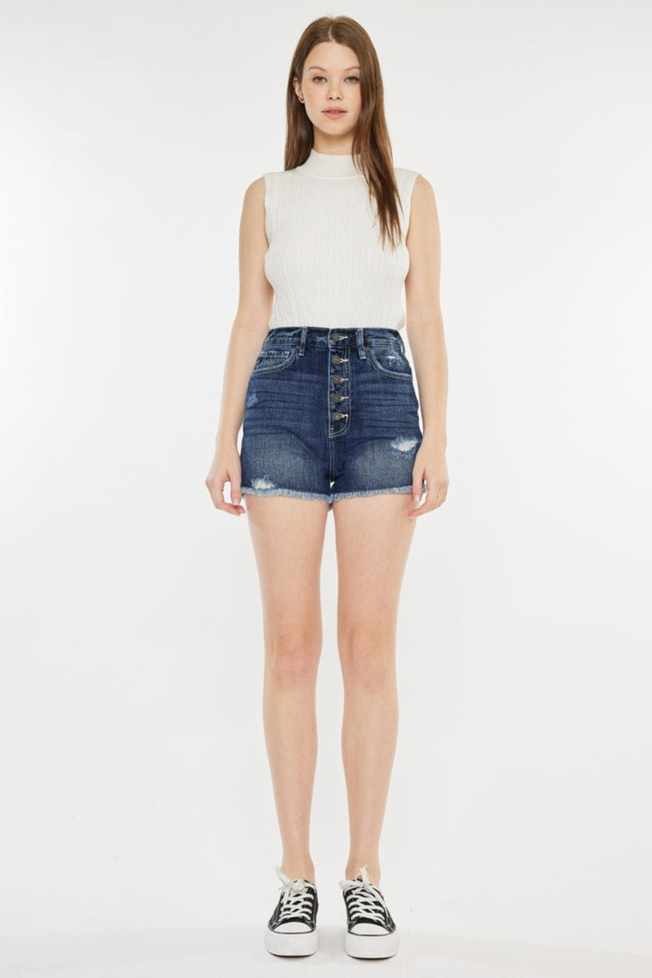 Kancan Raw Hem Button Fly Denim Shorts-3