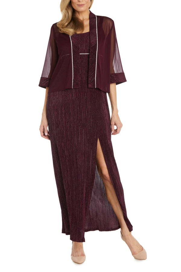 R&M Richards Long Crinkle Pleated with Rhinestone Trim Jacket Dress-0