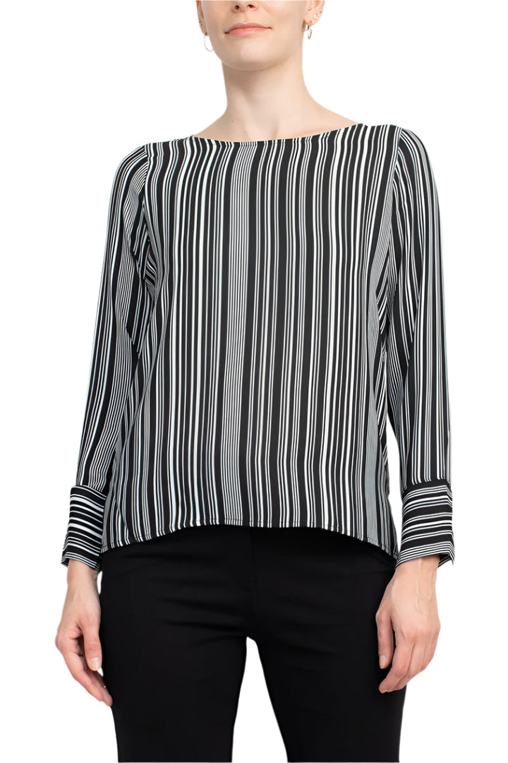 Counterparts Boat Neck Cuffed Long Sleeve Stripe Print Crepe Top-0