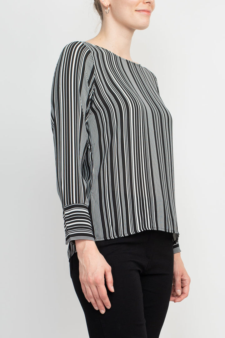 Counterparts Boat Neck Cuffed Long Sleeve Stripe Print Crepe Top-1
