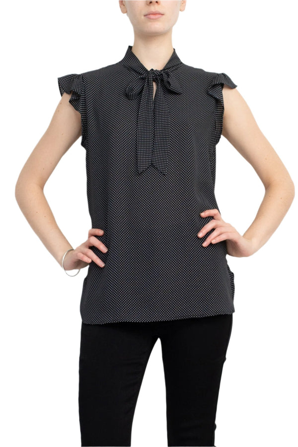 Counterparts Tie Neck Flutter Sleeve Mini Polka Dot Print Crepe Top-0