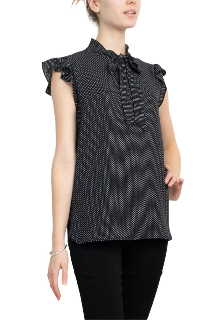 Counterparts Tie Neck Flutter Sleeve Mini Polka Dot Print Crepe Top-1