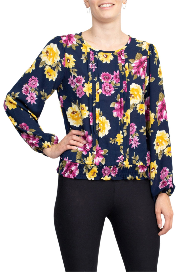 Counterparts Crew Neck Long Sleeve Elastic Cuff Long Sleeve Pleated Front Multi Print Crepe Top-1