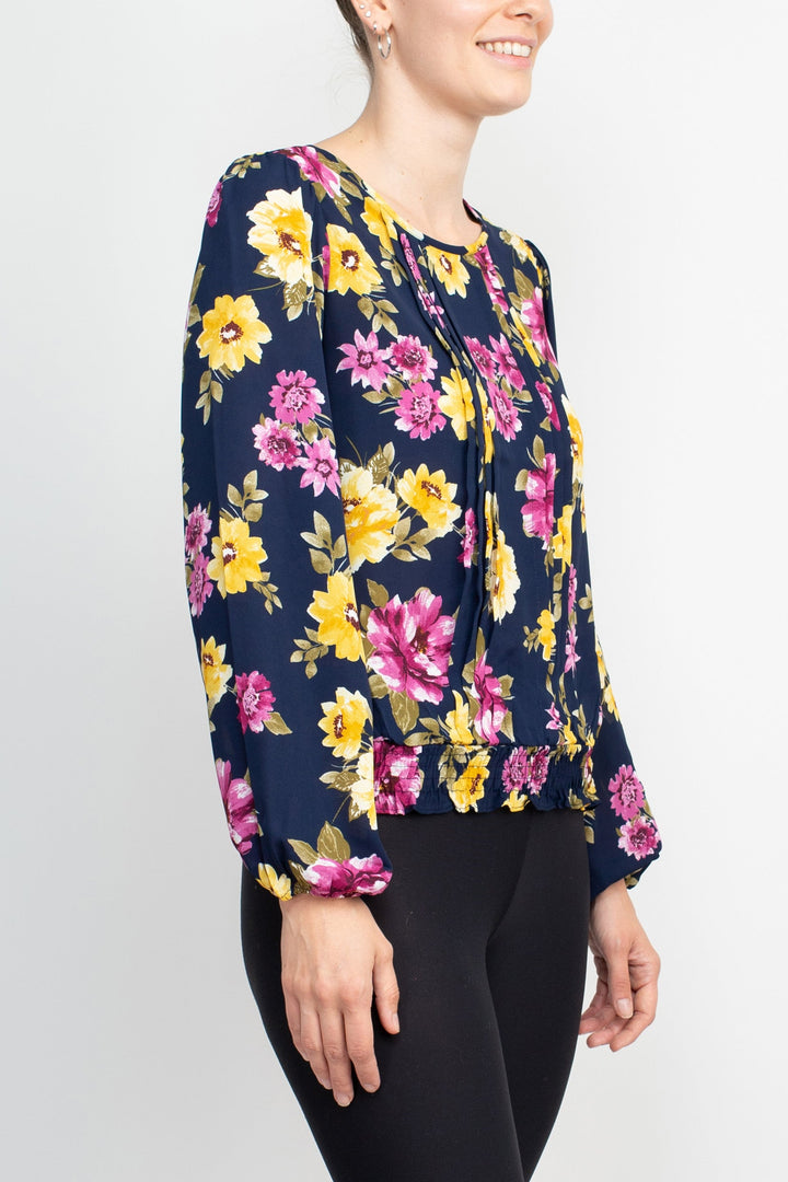 Counterparts Crew Neck Long Sleeve Elastic Cuff Long Sleeve Pleated Front Multi Print Crepe Top-3