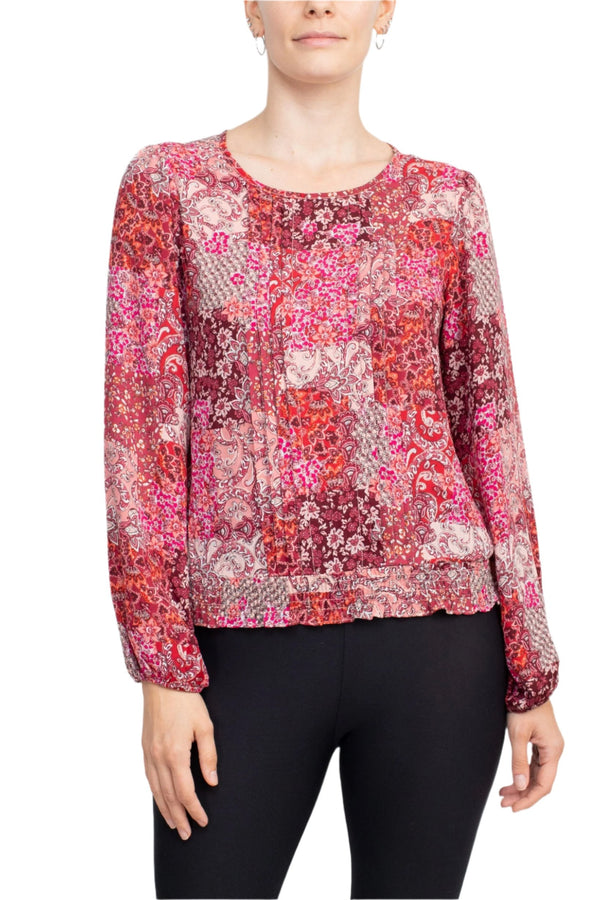 Counterparts Crew Neck Long Sleeve Elastic Cuff Long Sleeve Pleated Front Multi Print Crepe Top-0