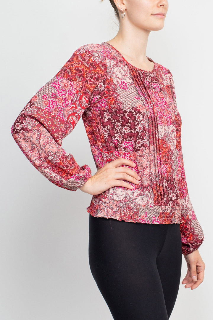 Counterparts Crew Neck Long Sleeve Elastic Cuff Long Sleeve Pleated Front Multi Print Crepe Top-2