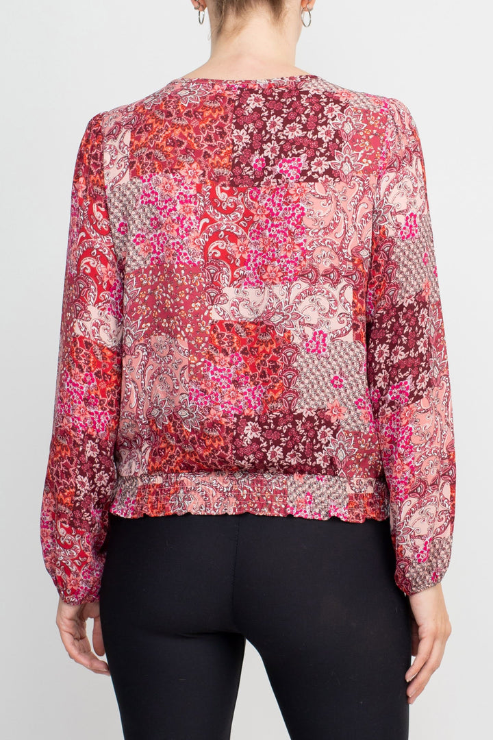 Counterparts Crew Neck Long Sleeve Elastic Cuff Long Sleeve Pleated Front Multi Print Crepe Top-4