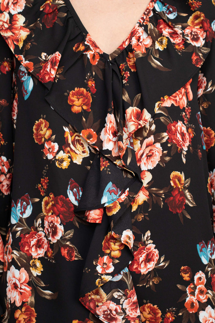 Counterparts Ruffled V-Neck Long Elastic Cuff Long Sleeve Multi Print Crepe Top-3