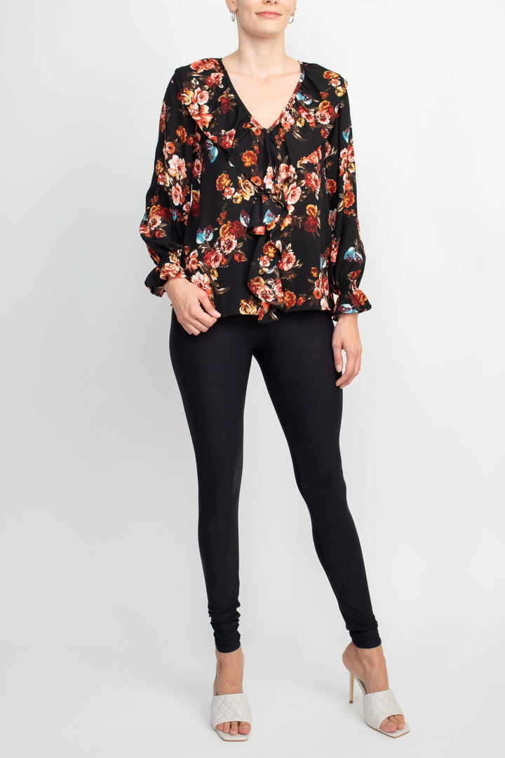 Counterparts Ruffled V-Neck Long Elastic Cuff Long Sleeve Multi Print Crepe Top-4