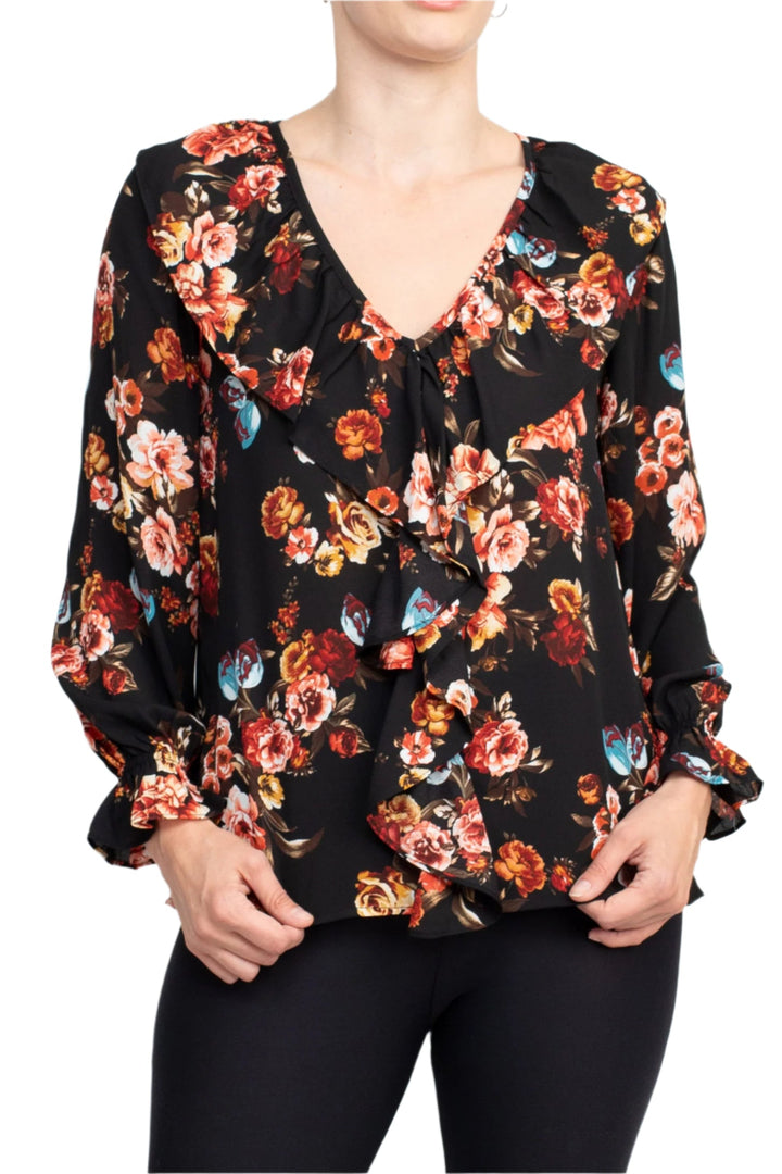 Counterparts Ruffled V-Neck Long Elastic Cuff Long Sleeve Multi Print Crepe Top-0