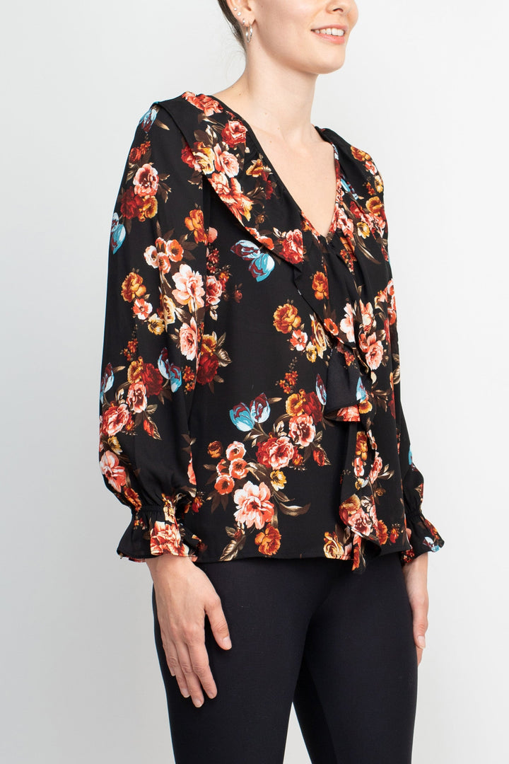 Counterparts Ruffled V-Neck Long Elastic Cuff Long Sleeve Multi Print Crepe Top-1