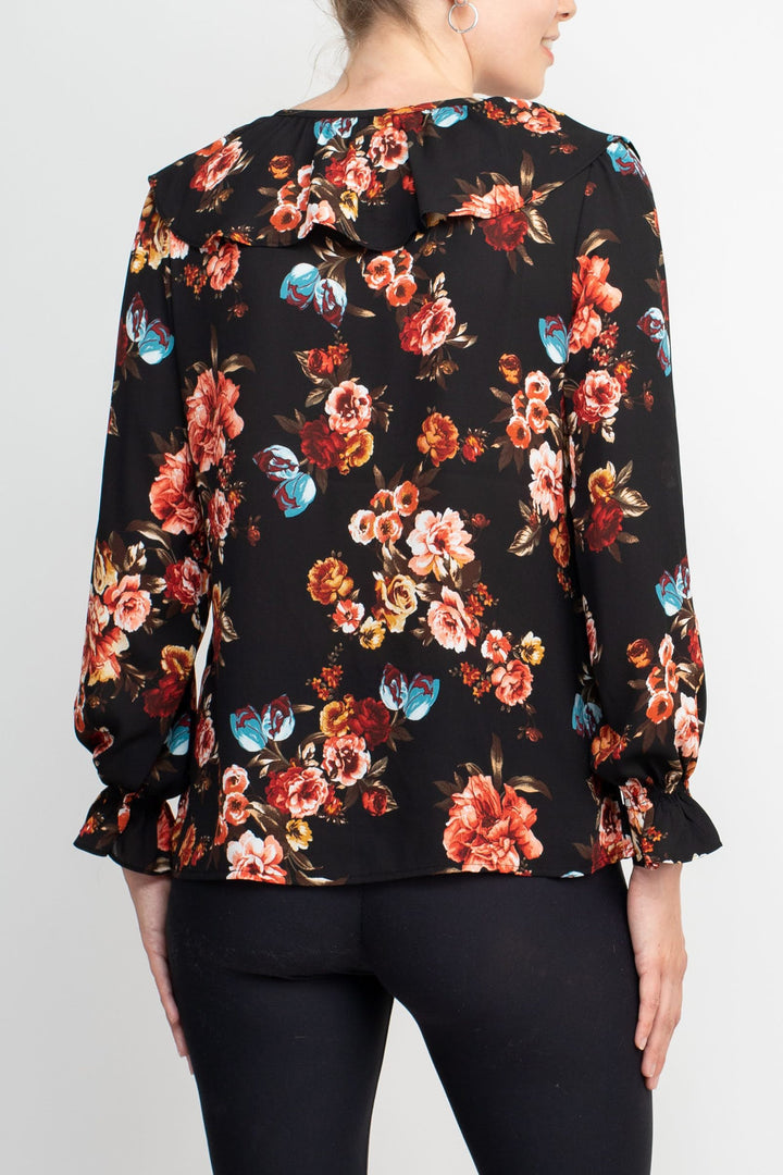 Counterparts Ruffled V-Neck Long Elastic Cuff Long Sleeve Multi Print Crepe Top-2