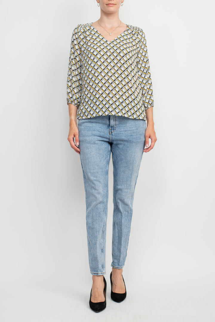Counterparts V-Neck Elastic Shoulder Detail Elastic Cuff Multi Print Crepe Top-4